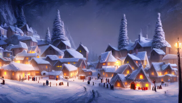 winter landscape in the mountains with a small village at night in the snow  - digital painting Stock Illustration | Adobe Stock