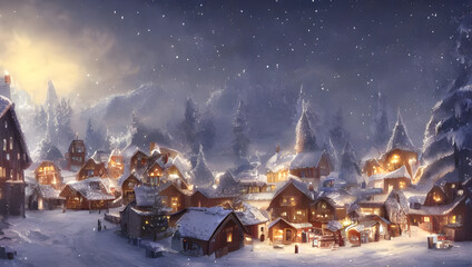 Naklejka premium winter landscape in the mountains with a small village at night in the snow - digital painting