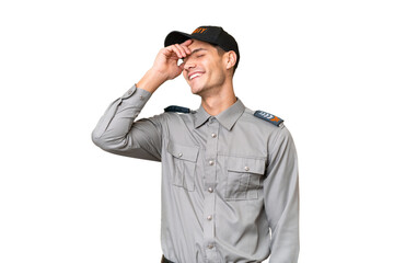 Young security man over isolated background has realized something and intending the solution