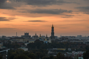 Panorama of the central part of Kharkiv with the Dormition Cathedral in center of Kharkiv, Ukraine, September 30, 2022