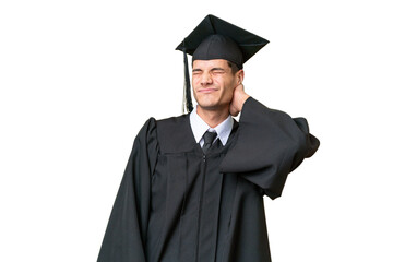 Young university graduate caucasian man over isolated background with neckache