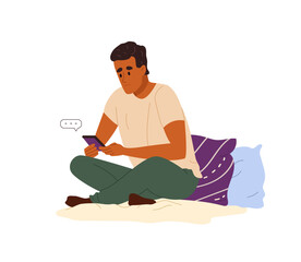 Obraz premium Man with cell phone waiting for call or sms. Unhappy alone person sitting at home, looking on smartphone, typing with hope. Colored flat vector illustration isolated on white background