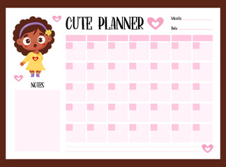 Cute kids monthly planner, to do and notes with cute black ethnic girl. Vector horizontal template. Girlish organizer in pink for print and design, children collection, stationery, schedule, planning.