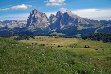Fototapeta premium Majestic mountain view in the dolomites: Distinctive Sassolungo mountain group at gardena valley in south tyrol. 