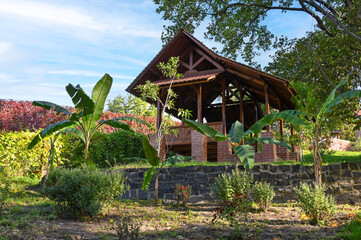 Fototapeta na wymiar Replica of Saung sorondoy, a typical residential building in West Java 
