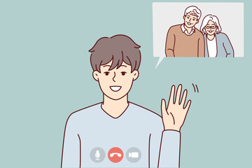 Smiling boy waving talking on video call with happy grandparents. Happy child have webcam conversation online with family. Vector illustration. 