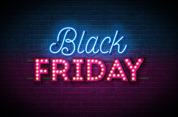 Plakat Black Friday Sale Illustration with Glowing Neon and Light Bulb Lettering on Dark Brick Wall Background. Vector New Year and Christmas Design Template for Greeting Card, Flyer, Banner, Celebration
