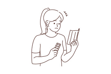 Distressed woman read tablet prescription 