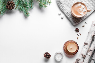 Winter background with cofee and pine branches