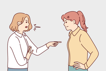Angry women fighting or quarrelling. Mad furious girls blame each other, making guilty. Anger and misunderstanding. Vector illustration. 