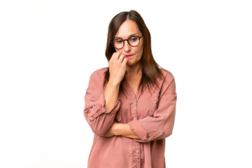 Middle-aged caucasian woman over isolated background having doubts