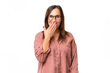 Middle-aged caucasian woman over isolated background happy and smiling covering mouth with hand