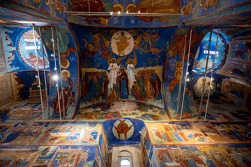 colored vintage frescoes in the old monastery church