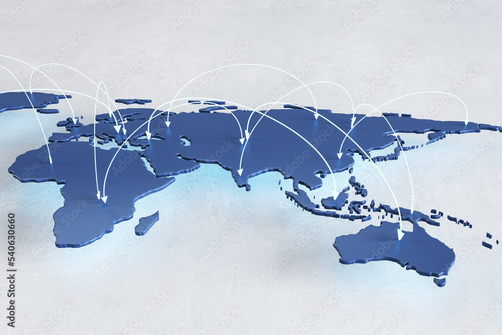 Poster global social network and internet technology concept with white arrow lines over blue graphic world
