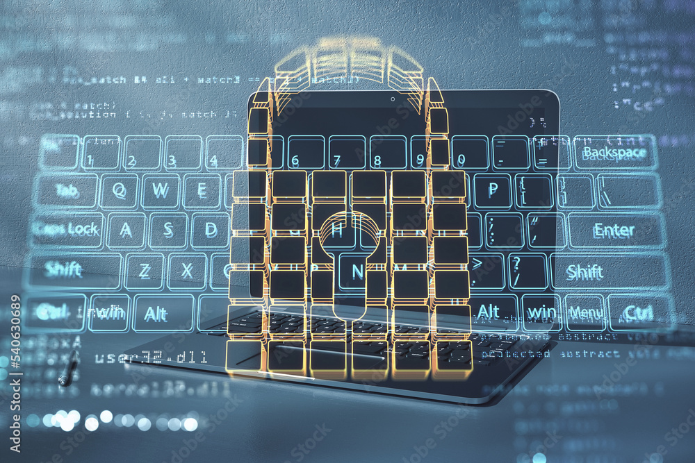 Aufkleber Close up of note book computer on desktop with abstract glowing secure web keyboard safety and protection hologram on blurry background. Double exposure.