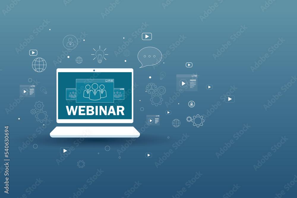 Aufkleber online training courses concept with webinar sign on graphic laptop screen on blue background with s