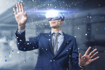 Virtual reality and metaverse world concept with handsome man wearing VR headset for remote work or...