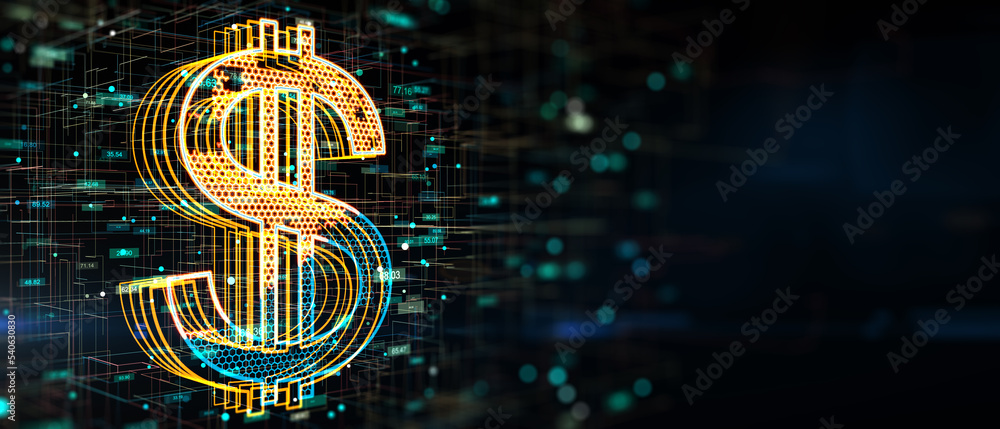 Poster financial concept with bright digital hexagon dollar symbol concept on abstract dark background with