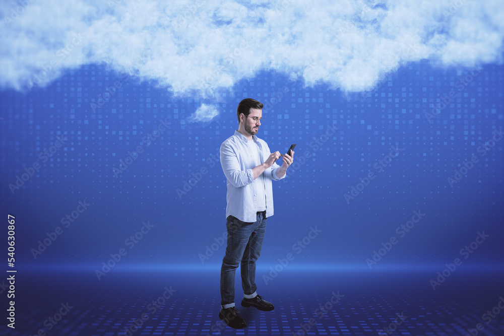 Poster attractive young european businessman with smartphone on blurry digital blue background with abstrac
