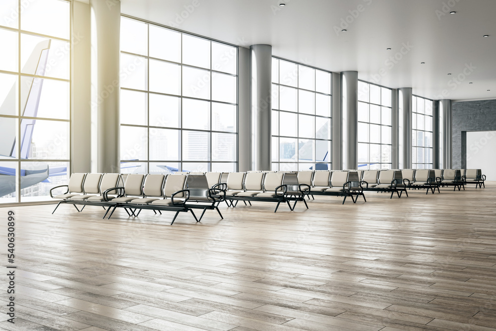 Poster business travel and avia concept with perspective view on light empty seat rows in sunlit spacious a
