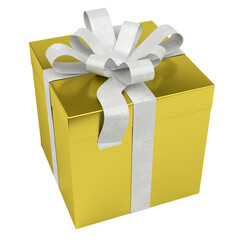 Gold christmas gift isolated on transparent background. 3D rendering present with bow for Xmas