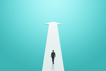 Back view of thoughtful young businessman on white arrow on blue background. Success, forward and...