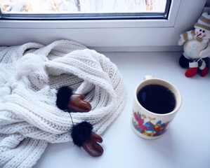 Winter still life with mittens and scarf