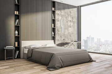 Luxury bedroom interior with furniture, shelfves and panoramic window with city view. Design and style concept. 3D Rendering.