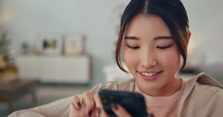 Smartphone, typing and woman student surprise in home living room for education results, online chat announcement, or online web video. Asian teenager girl using phone or cellphone for social media