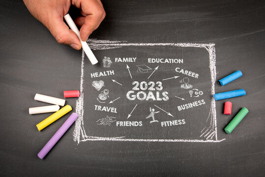 2023 Goals concept. Chart and colored pieces of chalk on a chalkboard background