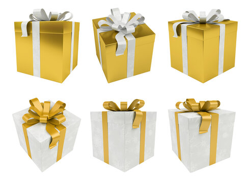 Gold christmas gift collection isolated on transparent background. 3D rendering present set with bow for Xmas