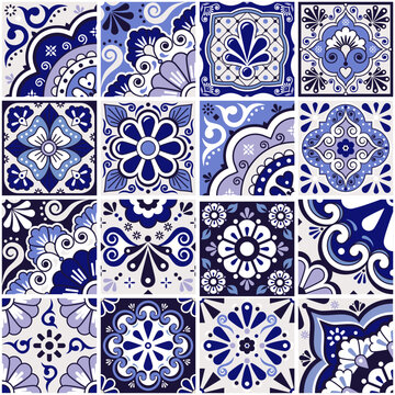 Mexican tiles big set collection, talavera ornaments vector seamless design with flowers and swirls in navy blue
