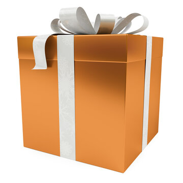 Orange Christmas Gift Isolated On Transparent Background. 3D Rendering Present With Bow For Xmas