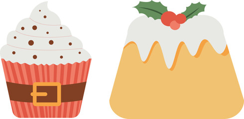 Christmas baking, Set of festive cupcake and pastry. Vector illustration. Sweet food for holidays