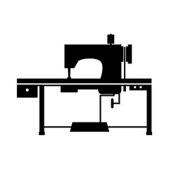 Black industrial sewing machine for sew fabric cloth on white background outline icon flat vector design.