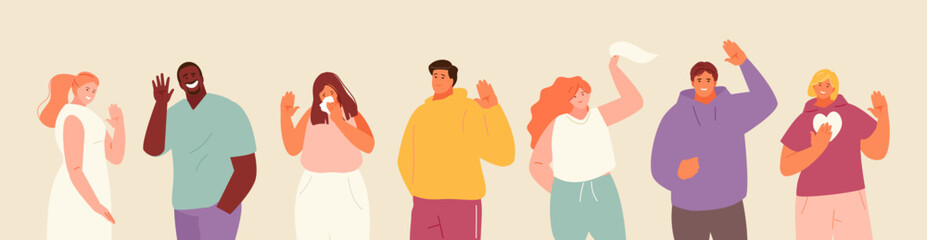 Saying goodbye people group waving their hands. Goodbye or greeting gestures. Vector characters - obrazy, fototapety, plakaty