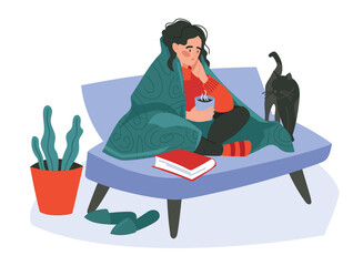 A girl wrapped in a blanket sits on a sofa. The woman is cold. Concept. Vector image.