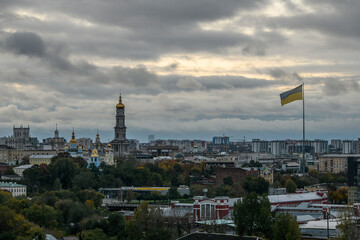 Panorama of the central part of Kharkiv with the Dormition Cathedral in center of Kharkiv, Ukraine, October 2022