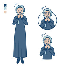 ヒジャブを身につけたアラビア人女性が口をおさえて驚いているイラスト