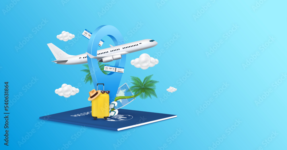 Wall mural Airplane is float away from location pin and cloud. Air ticket, hat, luggage yellow, coconut tree on passport. Banner design for making ad media about tourism. Travel transport concept. 3D Vector.