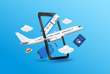 Air ticket passport luggage blue float away from smartphone with airplane is taking off and cloud. Can for making advertising media about tourism. Travel transport concept. 3D Vector EPS10. © Adisak