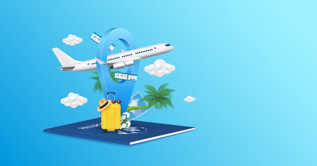 Airplane is float away from location pin and cloud. Air ticket, hat, luggage yellow, coconut tree on passport. Banner design for making ad media about tourism. Travel transport concept. 3D Vector.