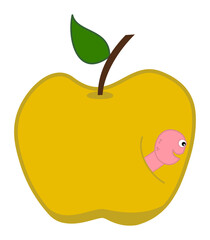Smiling pink maggot coming out of a juicy yellow apple