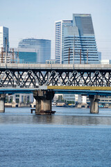 Tennozu Island area with boadwalk alongside of the cannal of Tokyo water front in Shinagawa, Japan