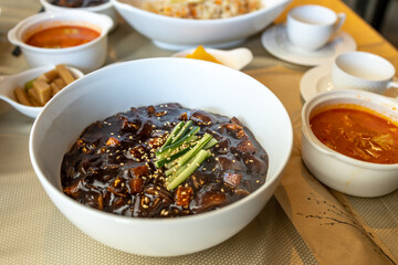 Popular delicious Korean Noodle dish Jajangmyeon at restaurant
