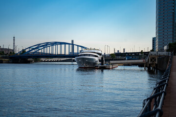 Tennozu Island area with boadwalk alongside of the cannal of Tokyo water front in Shinagawa, Japan