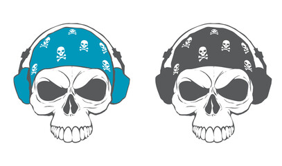 Skull with headphones and bandana