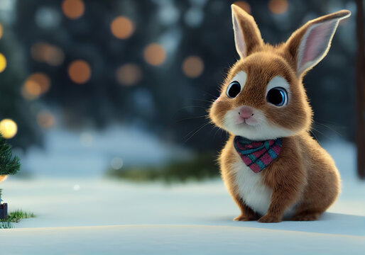 rabbit in the winter forest christmas background