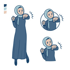 ヒジャブを身につけたアラビア人女性が正面にパンチしているイラスト