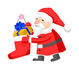 靴下にプレゼントを入れているサンタクロースのカットイラスト
